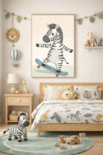Skateboarding Zebra Wall Art Print – Cute Safari Animal Illustration for Kids Room, Nursery & Modern Home Decor