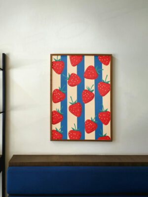Strawberry Pattern Print: Red Berries on Blue Cream Stripes