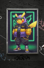 Streetwear Pikachu Wall Art Print | Neon Anime Urban Artwork | Hype Street Style Character Art | Modern Pop Culture Statement Decor