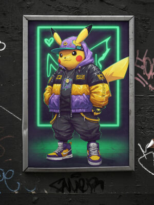 Streetwear Pikachu Wall Art Print | Neon Anime Urban Artwork | Hype Street Style Character Art | Modern Pop Culture Statement Decor