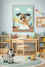 Studying Dog Wall Art Print – Cute Animal Illustration for Kids Room, Nursery & Modern Home Decor