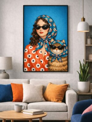 Stylish Woman & Cat Wall Art – Fashion Illustration Print with Sunglasses for Modern Home & Chic Interior Decor