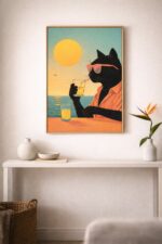 Sunset Sip – Coastal Cool Cat Wall Art Print