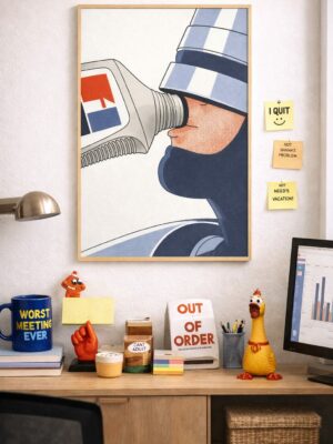 Superhero Drinking Motor Oil Wall Art Print – Automotive Humor Illustration