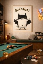 Surprise Bat Cat Wall Art Print – Cute Minimal Illustration with Playful Humor