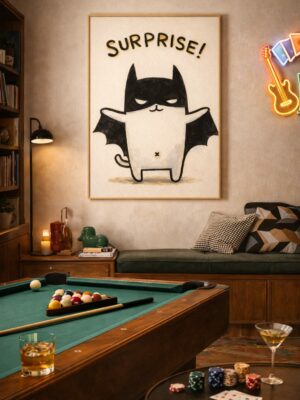 Surprise Bat Cat Wall Art Print – Cute Minimal Illustration with Playful Humor