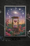 Surreal Hourglass Galaxy Art Print, Fantasy Moon Phase Wall Decor, Cosmic Time Illustration