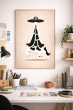 Surreal UFO Cow Wall Art Print, Alien Abduction Illustration, Minimalist Whimsical Animal Poster