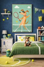 Tennis Dog Wall Art Print – Cool Sports Animal Illustration for Kids Room, Nursery & Modern Home Decor