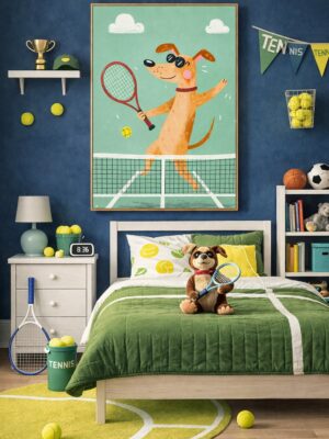 Tennis Dog Wall Art Print – Cool Sports Animal Illustration for Kids Room, Nursery & Modern Home Decor