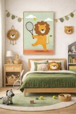 Tennis Lion Wall Art Print – Cute Safari Animal Illustration for Kids Room, Nursery & Modern Home Decor