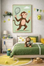 Tennis Monkey Wall Art Print – Cute Safari Animal Illustration for Kids Room, Nursery & Modern Home Decor