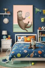 Tennis Otter Wall Art Print – Cute Sports Animal Illustration for Kids Room, Nursery & Modern Home Decor
