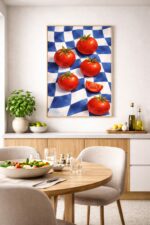 Tomato Wall Art Print – Modern Mediterranean Food Illustration with Blue Check Pattern