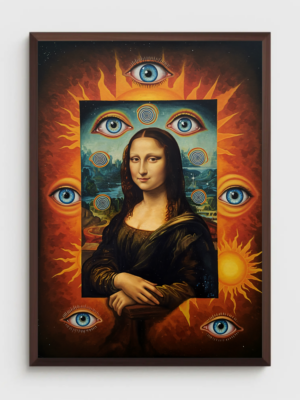Trippy Mona Lisa Wall Art Print, Surreal Sun & Eye Portrait, Psychedelic Renaissance Artwork, Mystical Cosmic Wall Decor, Modern Statement Art Print