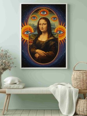 Trippy Mona Lisa Wall Art | Psychedelic Eye Sun Art | Mystical Cosmic Boho Poster | Surreal Space Art