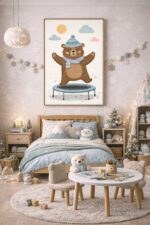 Whimsical Bear Wall Art Print – Cute Animal Illustration for Nursery, Kids Room & Playroom Decor