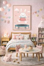 Whimsical Bunny Wall Art Print – Cute Rabbit Illustration for Nursery, Kids Room & Playroom Decor