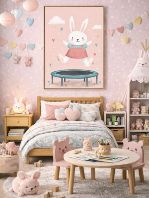 Whimsical Bunny Wall Art Print – Cute Rabbit Illustration for Nursery, Kids Room & Playroom Decor