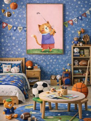 Whimsical Cat Golf Wall Art Print – Cute Animal Illustration for Nursery, Kids Room & Playroom Decor