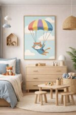 Whimsical Cat Parachute Wall Art Print – Cute Flying Animal Illustration for Nursery, Kids Room & Playroom Decor