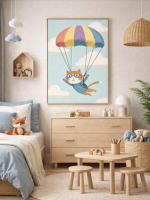 Whimsical Cat Parachute Wall Art Print – Cute Flying Animal Illustration for Nursery, Kids Room & Playroom Decor