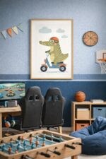 Whimsical Crocodile Scooter Wall Art Print – Cute Animal Illustration for Nursery, Kids Room & Playroom Decor