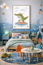 Whimsical Crocodile Wall Art Print – Cute Animal Illustration for Nursery, Kids Room & Playroom Decor