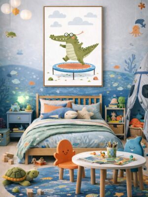 Whimsical Crocodile Wall Art Print – Cute Animal Illustration for Nursery, Kids Room & Playroom Decor