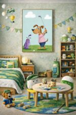 Whimsical Dog Golf Wall Art Print – Cute Animal Illustration for Nursery, Kids Room & Playroom Decor