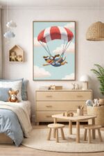 Whimsical Dog Parachute Wall Art Print – Cute Flying Animal Illustration for Nursery, Kids Room & Playroom Decor