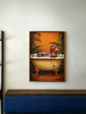 Whimsical Duck in Bathtub Print, Retro Jungle Animal Art, Funny Cute Wall Decor, Playful Home Illustration