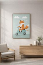 Whimsical Fox Scooter Wall Art Print – Cute Animal Illustration for Nursery, Kids Room & Playroom Decor