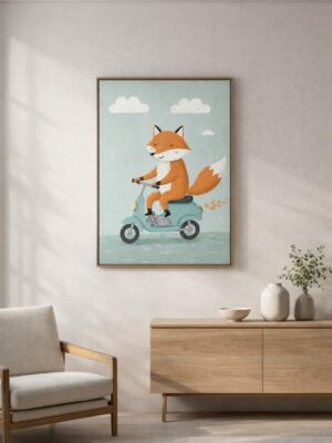 Whimsical Fox Scooter Wall Art Print – Cute Animal Illustration for Nursery, Kids Room & Playroom Decor