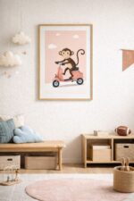 Whimsical Monkey Scooter Wall Art Print – Cute Animal Illustration for Nursery, Kids Room & Playroom Decor