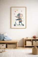 Whimsical Mouse Scooter Wall Art Print – Cute Animal Illustration for Nursery, Kids Room & Playroom Decor