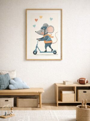 Whimsical Mouse Scooter Wall Art Print – Cute Animal Illustration for Nursery, Kids Room & Playroom Decor