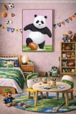 Whimsical Panda Sports Wall Art Print – Cute Animal Illustration for Nursery, Kids Room & Playroom Decor