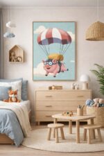 Whimsical Pig Parachute Wall Art Print – Cute Flying Animal Illustration for Nursery, Kids Room & Playroom Decor
