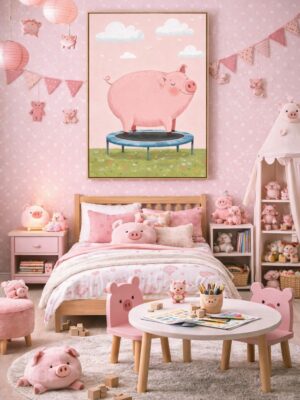 Whimsical Pig Wall Art Print – Cute Animal Illustration for Nursery, Kids Room & Playroom Decor