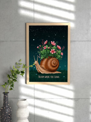 Whimsical Snail Wall Art | "Bloom Where You Crawl" Printable | Floral Night Sky Decor | Motivational Animal Poster
