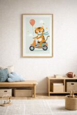 Whimsical Tiger Scooter Wall Art Print – Cute Animal Illustration for Nursery, Kids Room & Playroom Decor