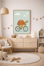 Whimsical Turtle Bicycle Wall Art Print – Cute Animal Illustration for Nursery, Kids Room & Modern Home Decor