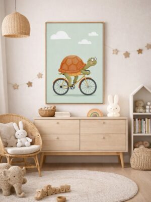 Whimsical Turtle Bicycle Wall Art Print – Cute Animal Illustration for Nursery, Kids Room & Modern Home Decor