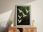 White Doves Wall Art – Peaceful Birds Digital Print on Green Background Digital Download