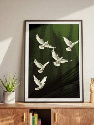 White Doves Wall Art – Peaceful Birds Digital Print on Green Background Digital Download