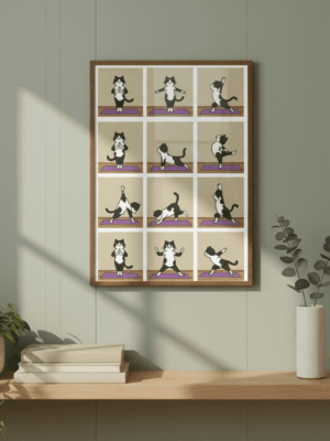 Yoga Cat Art Print, Funny Cartoon Wall Poster, Cute Relaxing Cat Illustration, Humorous Home or Yoga Room Decor, Digital Download