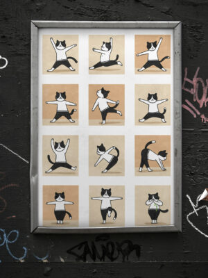 Yoga Cat Art Print, Funny Cartoon Wall Poster, Cute Relaxing Cat Illustration, Humorous Home & Yoga Room Decor