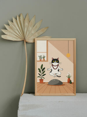 Zen Cat Meditation Art Print, Funny Yoga Room Wall Decor, Cute Relaxing Cat Illustration