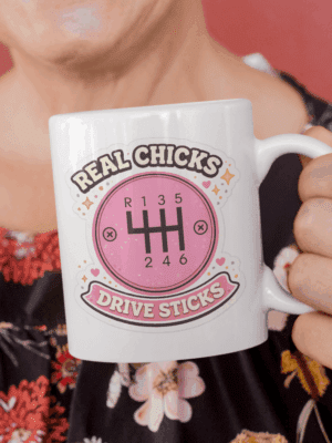 Real Chicks Drive Sticks Mug – Pink Manual Gear Coffee Cup